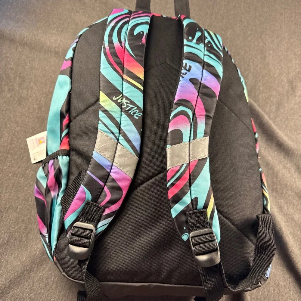 Justice Girls Backpack Black Neon Swirl Sequined Logo Pom Pom NWT